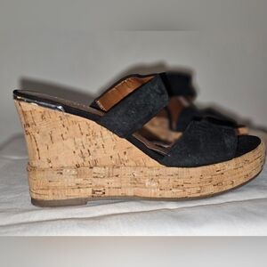 Franco Sarto Black Suede Cork Wedge Sandals